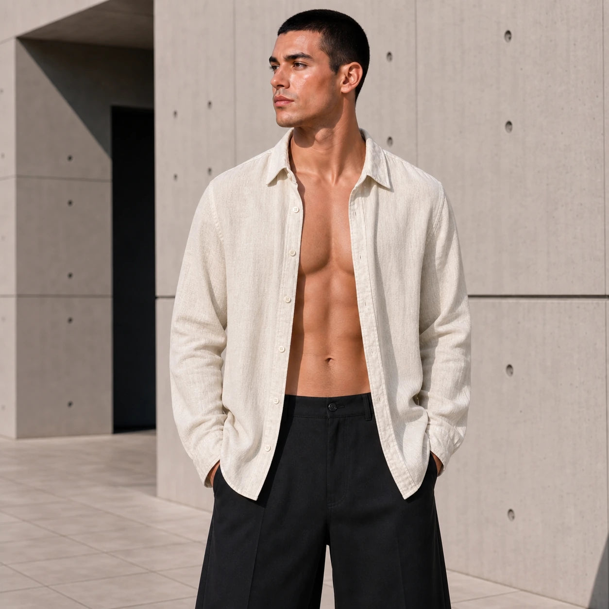 Стилна мъжка риза екрю с дълъг ръкав и свободна визия - BeigeLinenShirt lifestyle front open