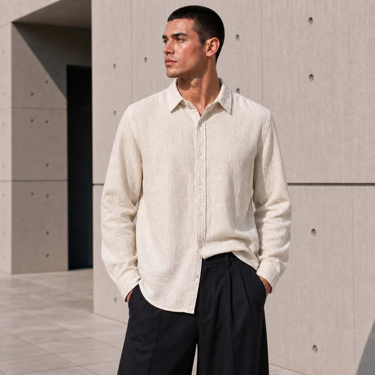Стилна мъжка риза екрю с дълъг ръкав и свободна визия - BeigeLinenShirt lifestyle front tucked