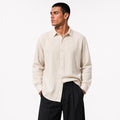 Стилна мъжка риза екрю с дълъг ръкав и свободна визия - BeigeLinenShirt studio front tucked