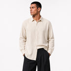 Стилна мъжка риза екрю с дълъг ръкав и свободна визия - BeigeLinenShirt studio front tucked