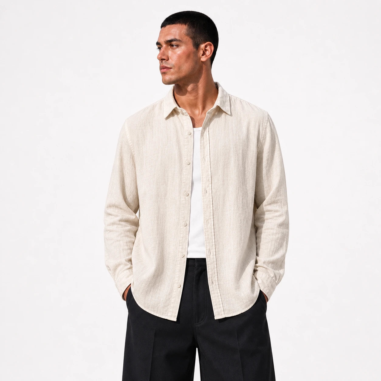 Стилна мъжка риза екрю с дълъг ръкав и свободна визия - BeigeLinenShirt studio front underlayer