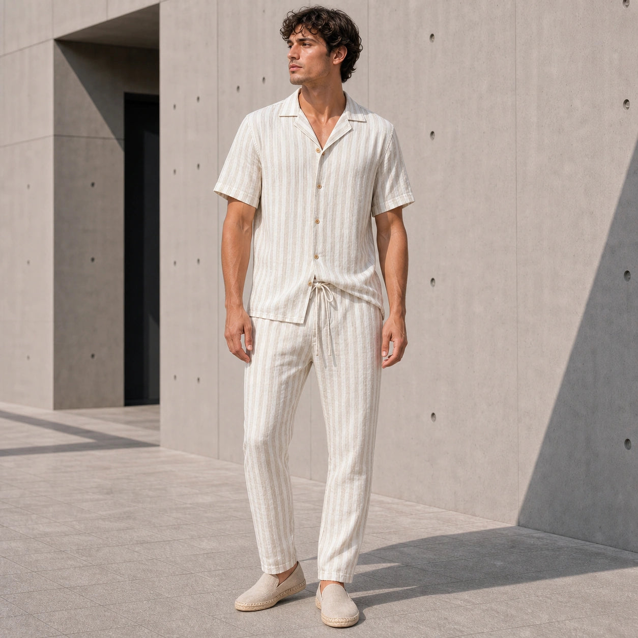 Мъжки летен комплект на светло райе - Complect1 longpants lifestyle front