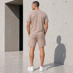 Бежов мъжки летен комплект с тениска и къси панталони - Complect12 lifestyle back