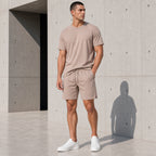 Бежов мъжки летен комплект с тениска и къси панталони - Complect12 lifestyle front