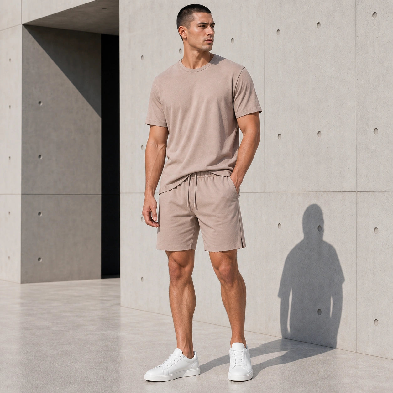 Бежов мъжки летен комплект с тениска и къси панталони - Complect12 lifestyle front