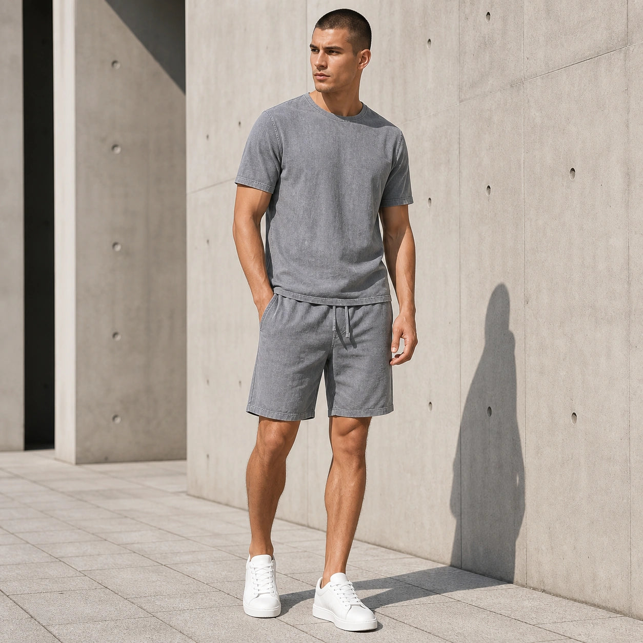 Сив мъжки летен комплект с тениска и къси панталони - Complect14 lifestyle front