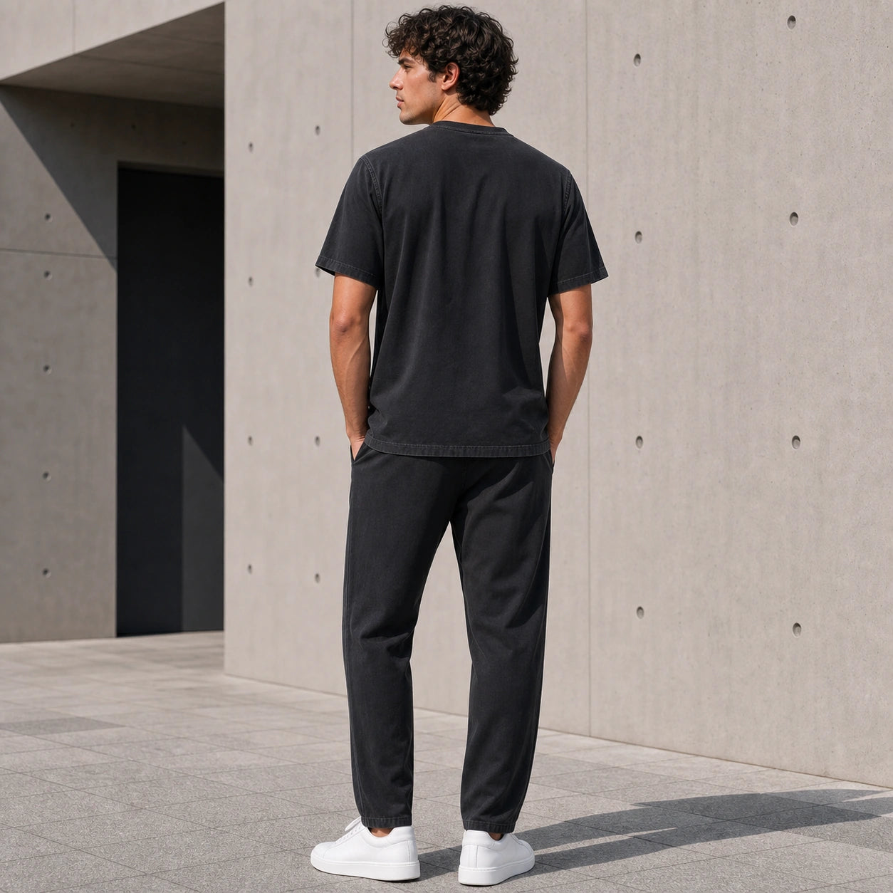 Мъжки комплект с риза в тъмни тонове - Complect9 washed charcoal gray lifestyle back