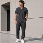 Мъжки комплект с риза в тъмни тонове - Complect9 washed charcoal gray lifestyle front