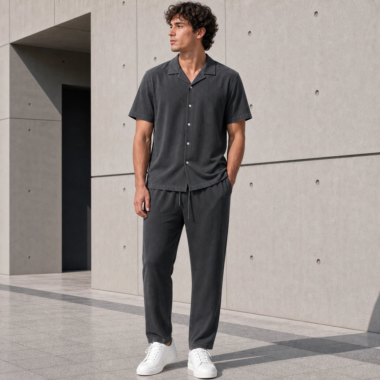 Мъжки комплект с риза в тъмни тонове - Complect9 washed charcoal gray lifestyle front