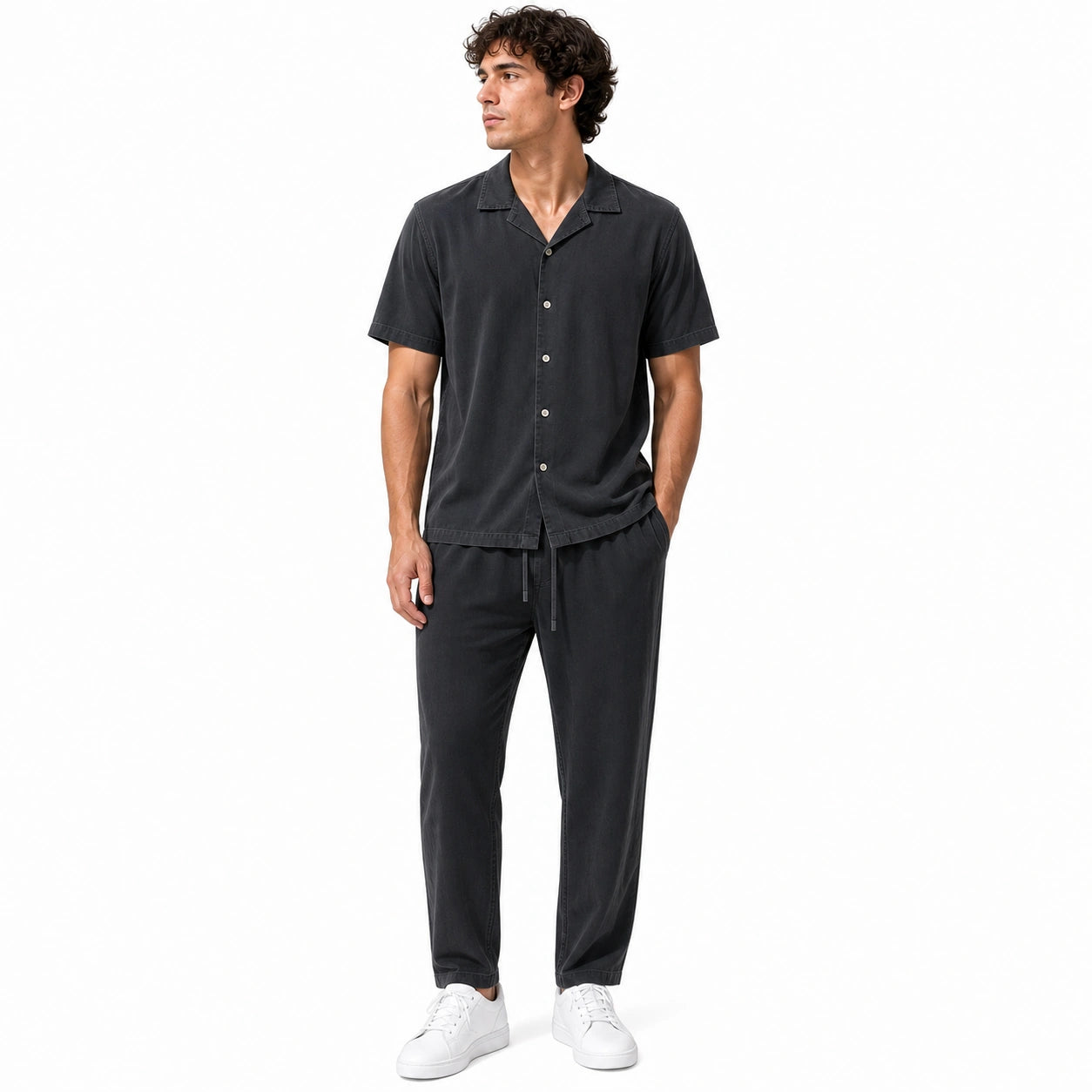 Мъжки комплект с риза в тъмни тонове - Complect9 washed charcoal gray studio front