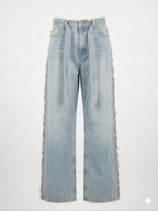 Дамски светли дънки с колан и страничен ресни ефект