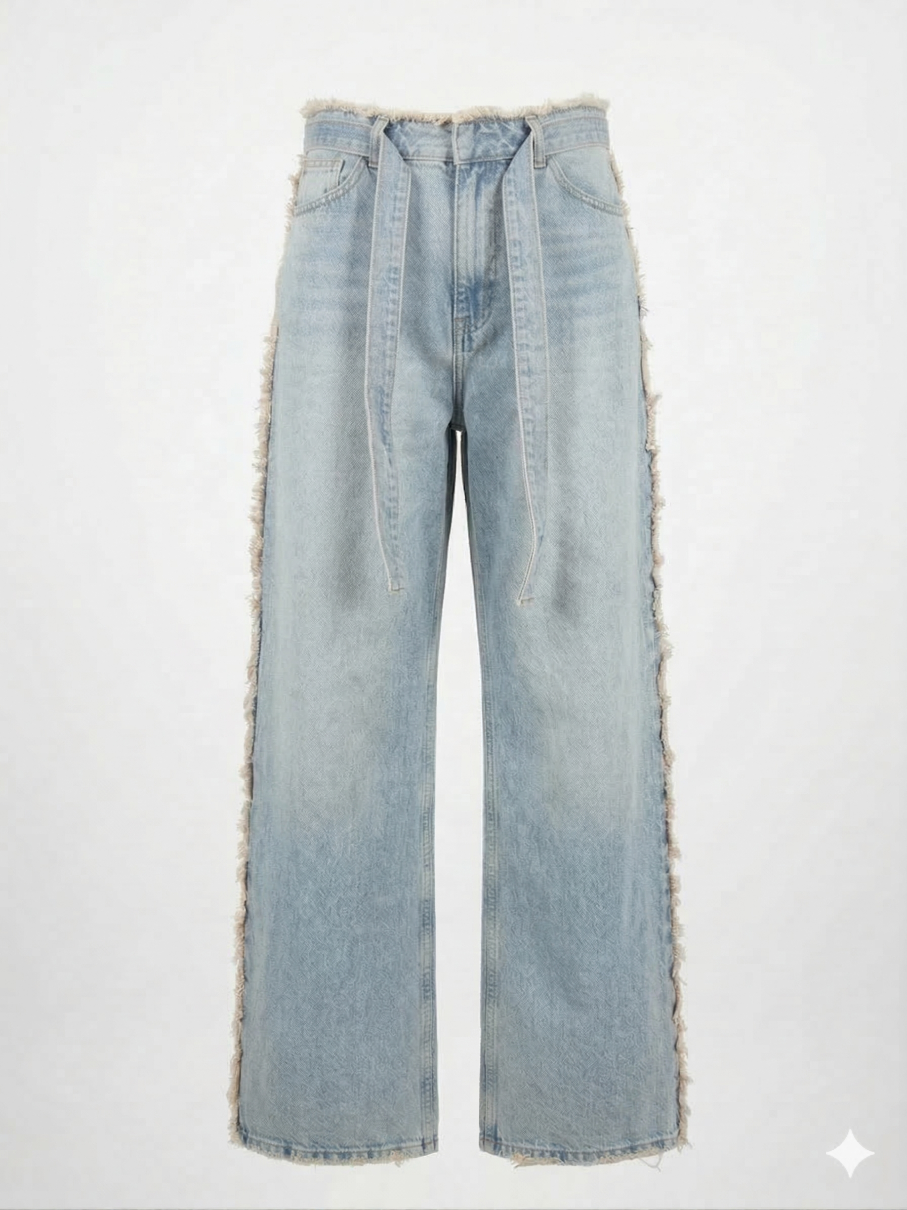 Дамски светли дънки с колан и страничен ресни ефект