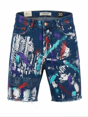 Мъжки къси дънки с арт принт New York