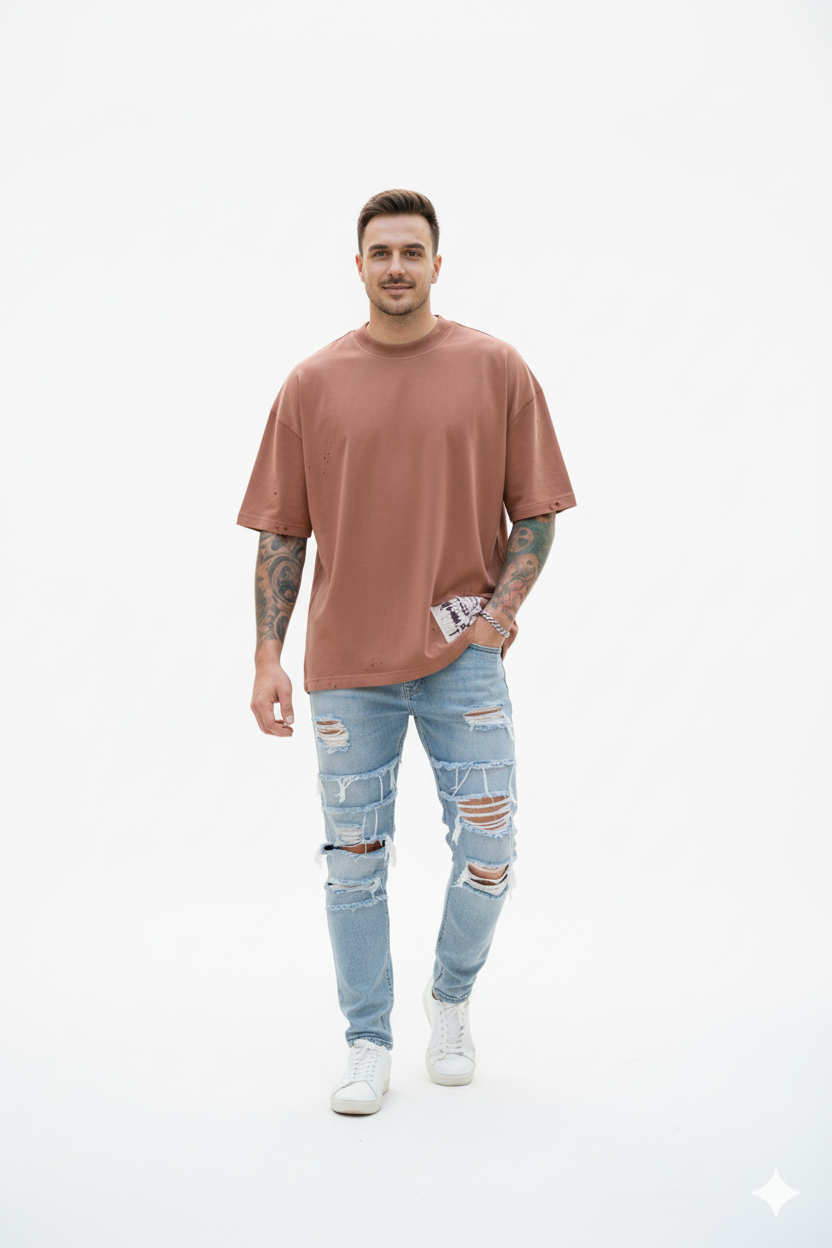 Мъжка Oversize тениска с арт принт и distressed ефект