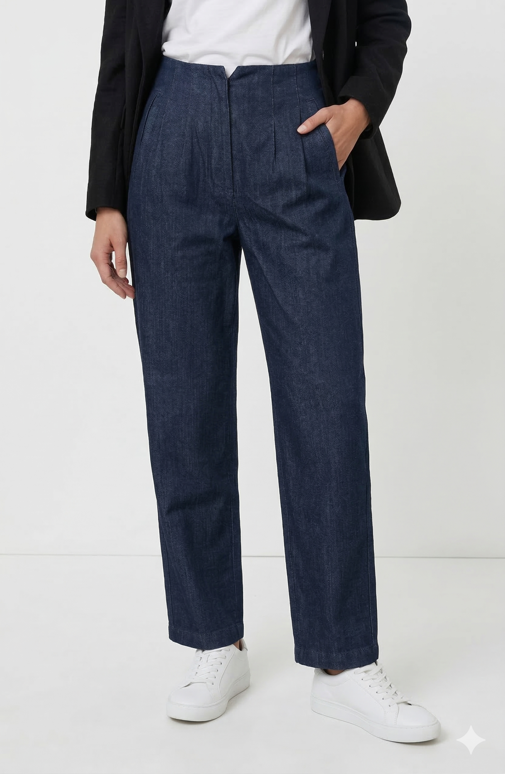 Дамски елегантен панталон тип деним с висока талия – тъмносин