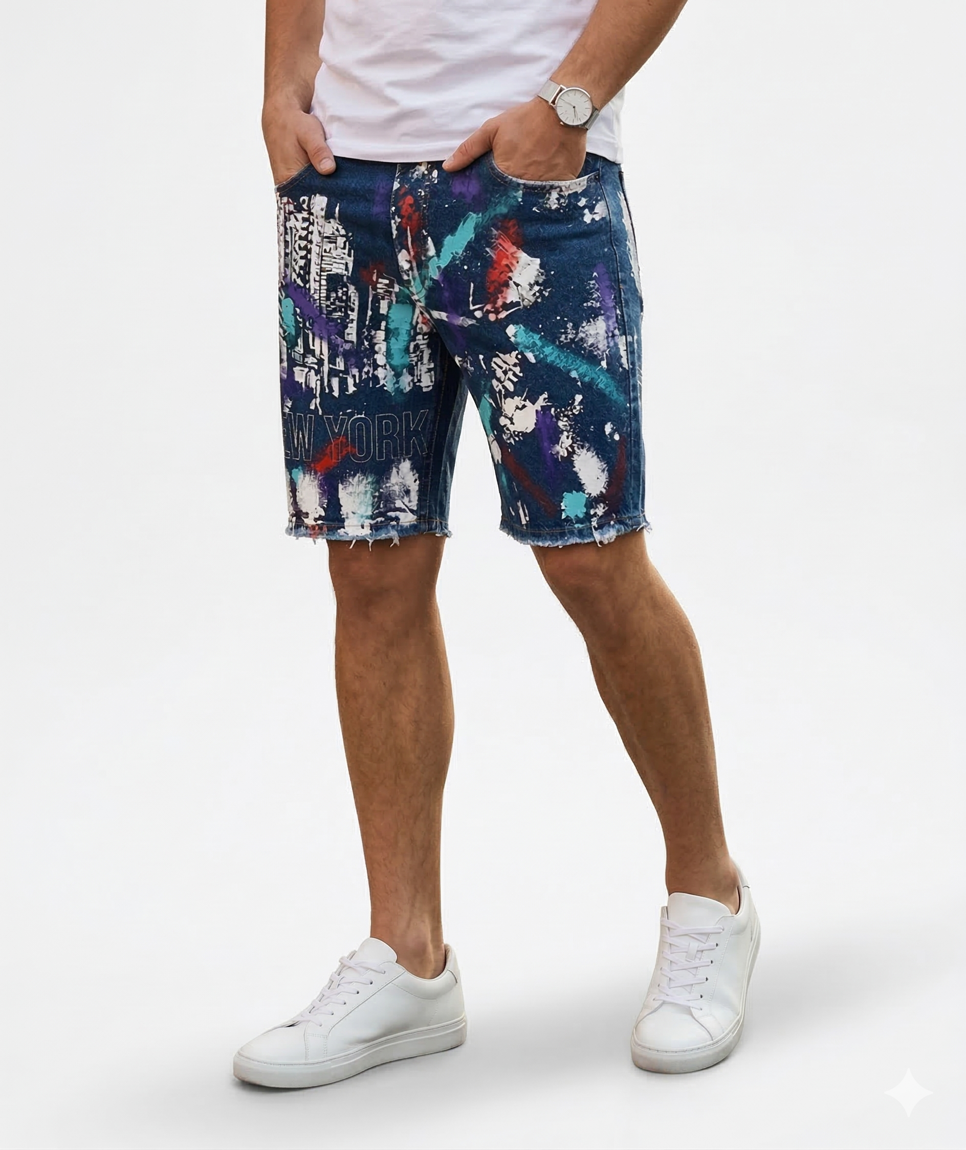 Мъжки къси дънки с арт принт New York