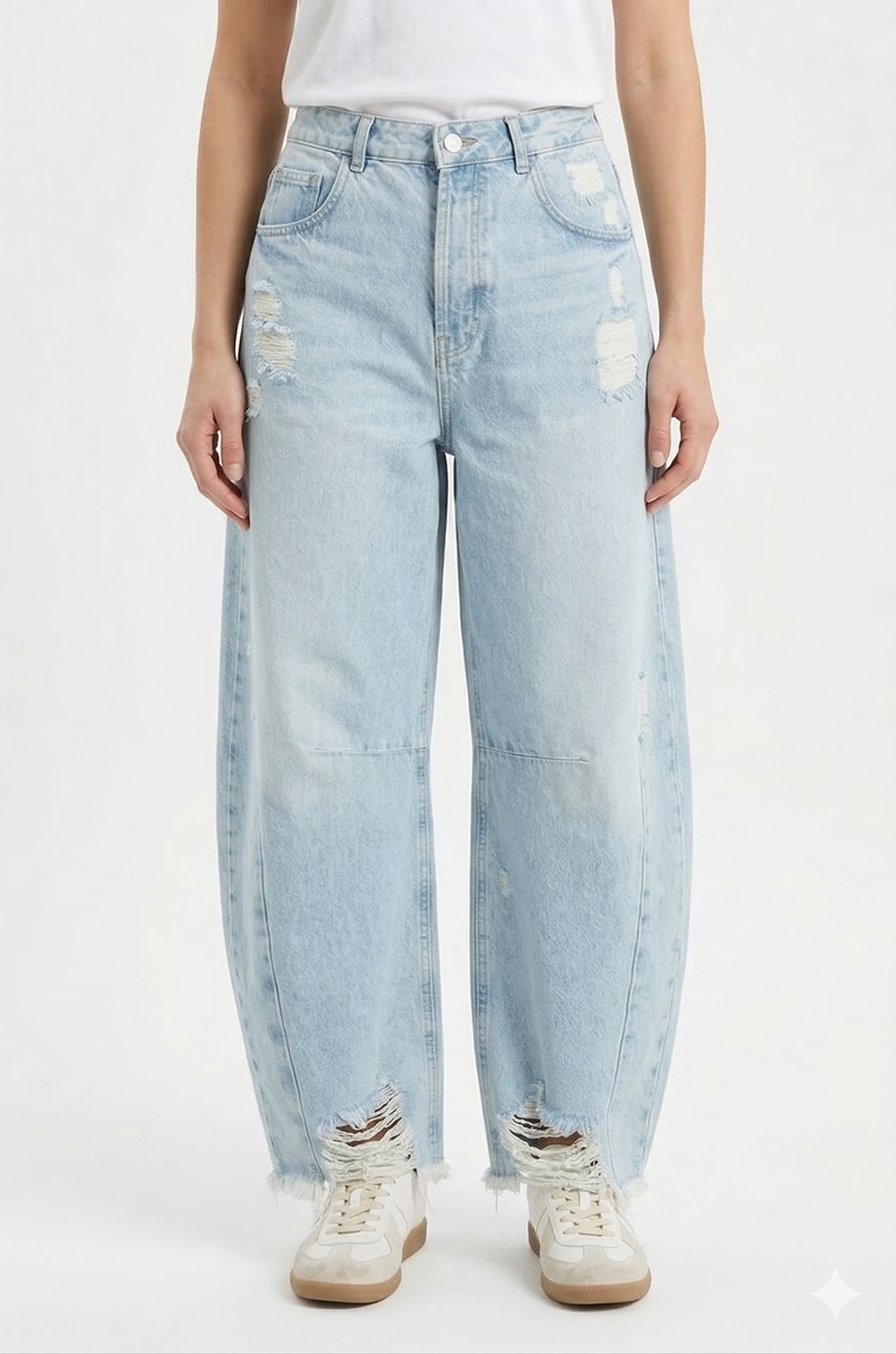 Дамски широки дънки с висока талия и накъсани детайли – светлосини