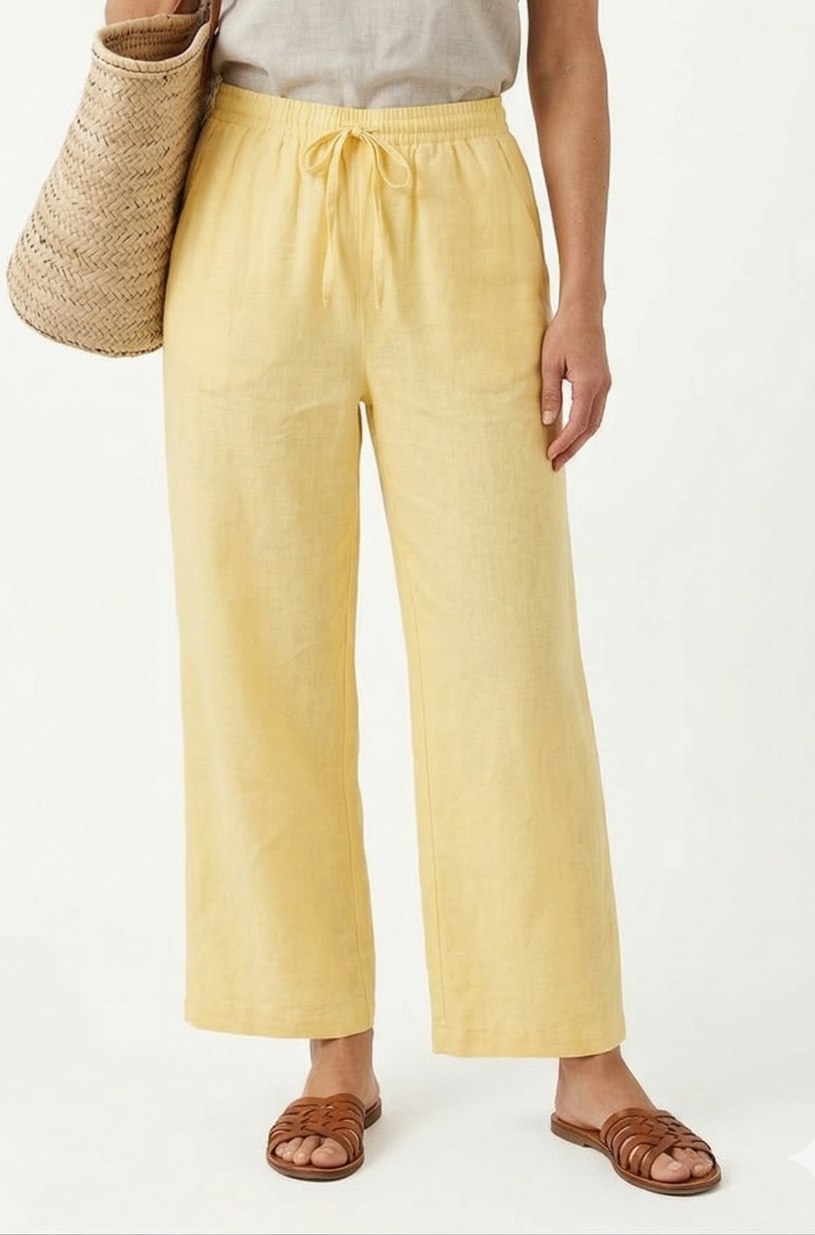 Дамски летен панталон с ластична талия и връзки – жълт