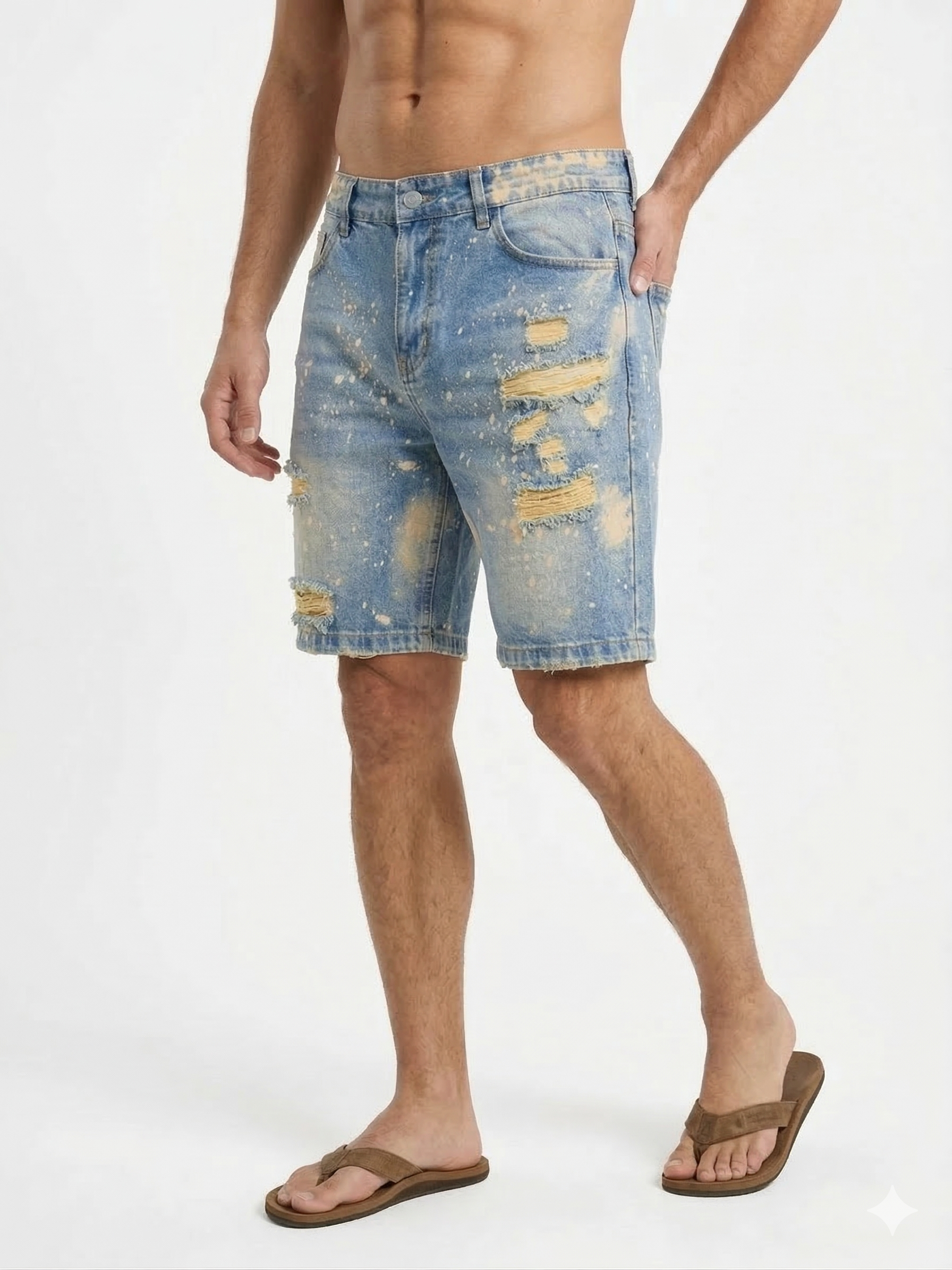 Мъжки къси дънки със скъсани детайли и избелени ефекти – светъл деним