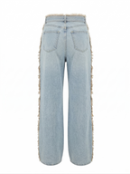 Дамски светли дънки с колан и страничен ресни ефект