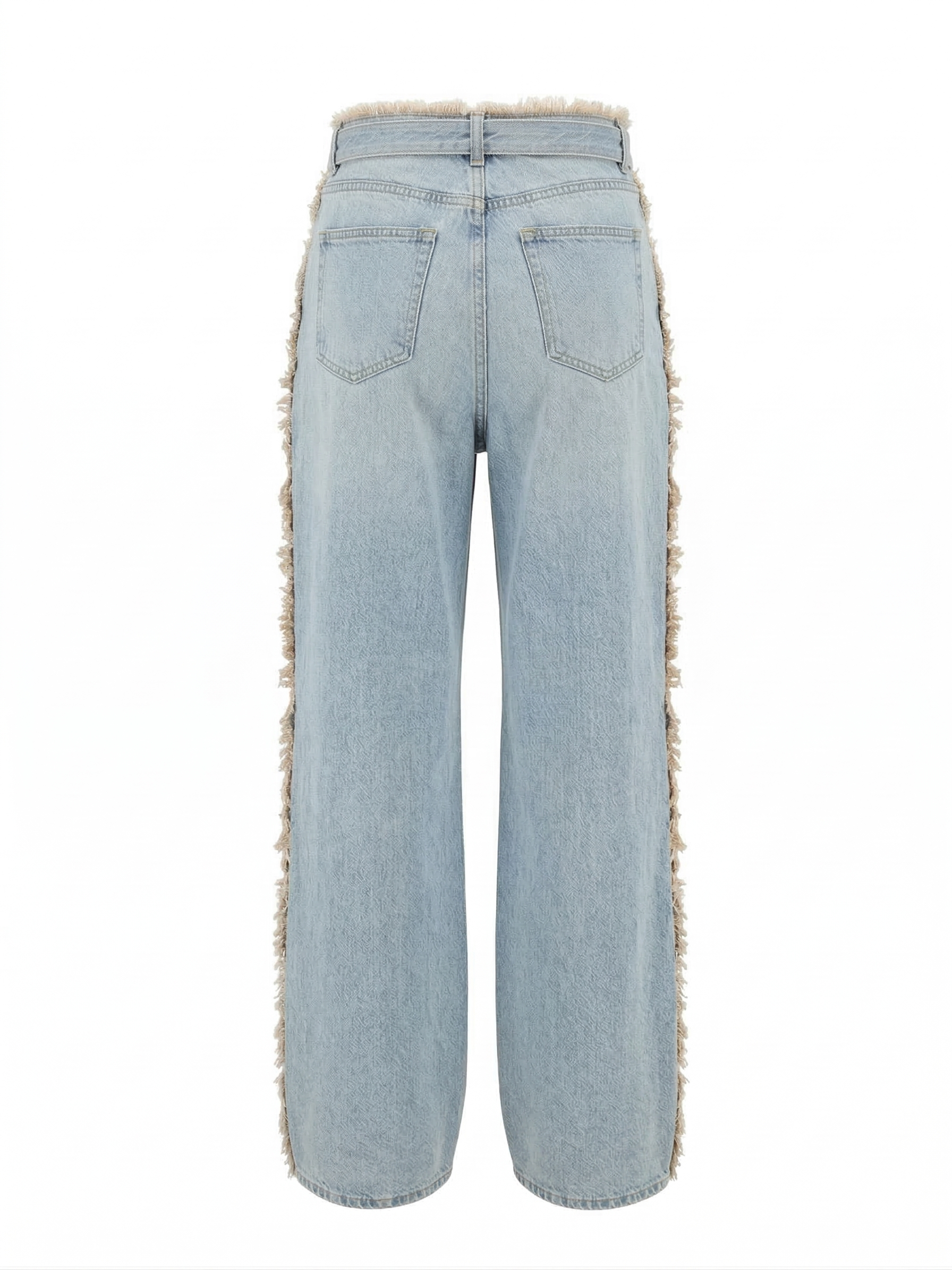 Дамски светли дънки с колан и страничен ресни ефект