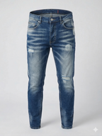 Мъжки сини вталени дънки (slim fit) с износен ефект и накъсвания