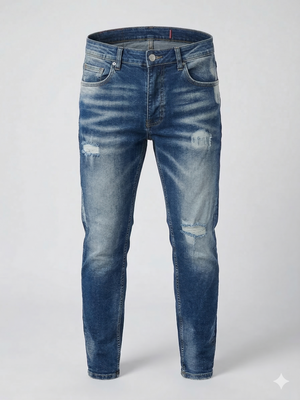 Мъжки сини вталени дънки (slim fit) с износен ефект и накъсвания