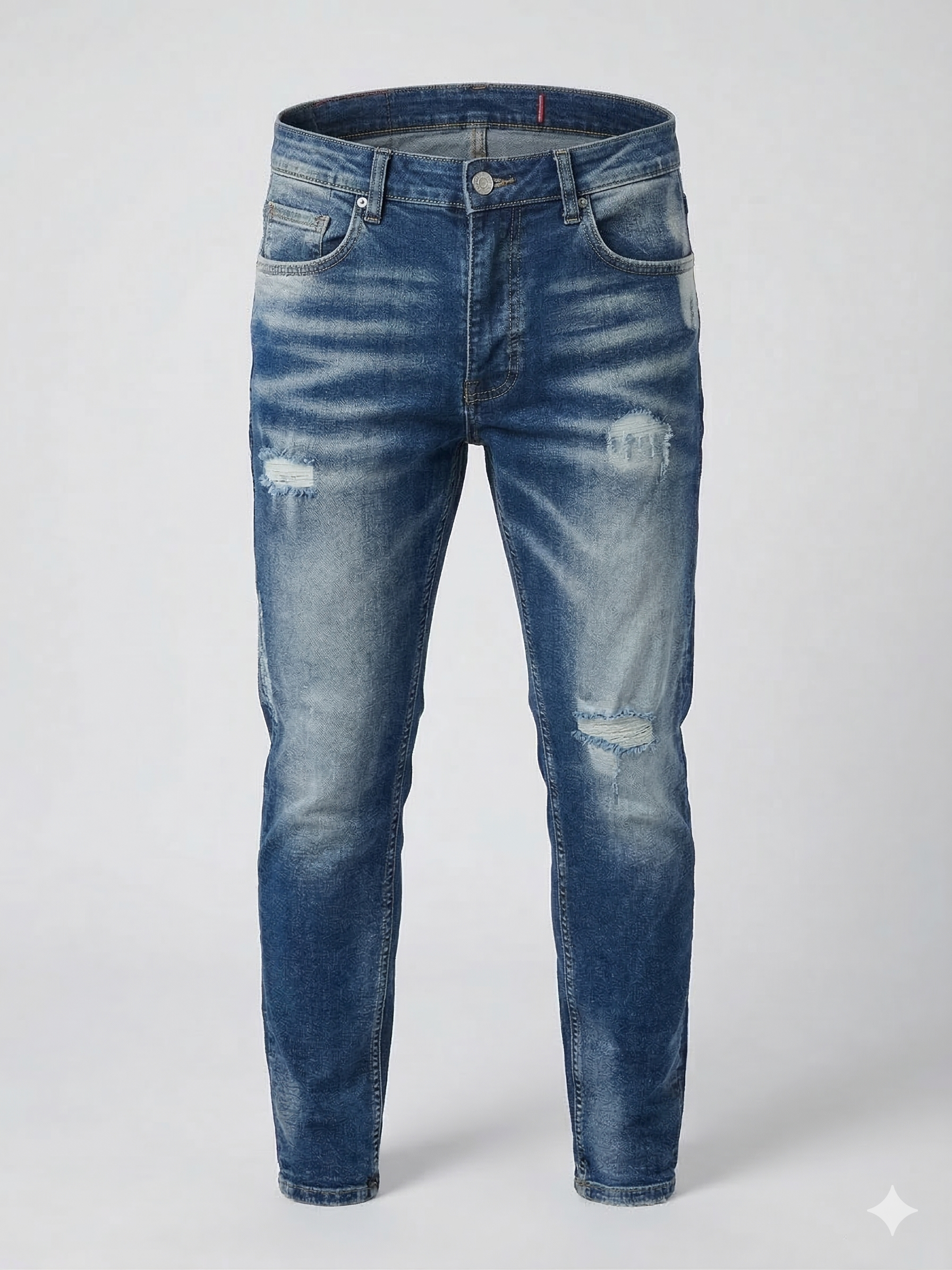 Мъжки сини вталени дънки (slim fit) с износен ефект и накъсвания