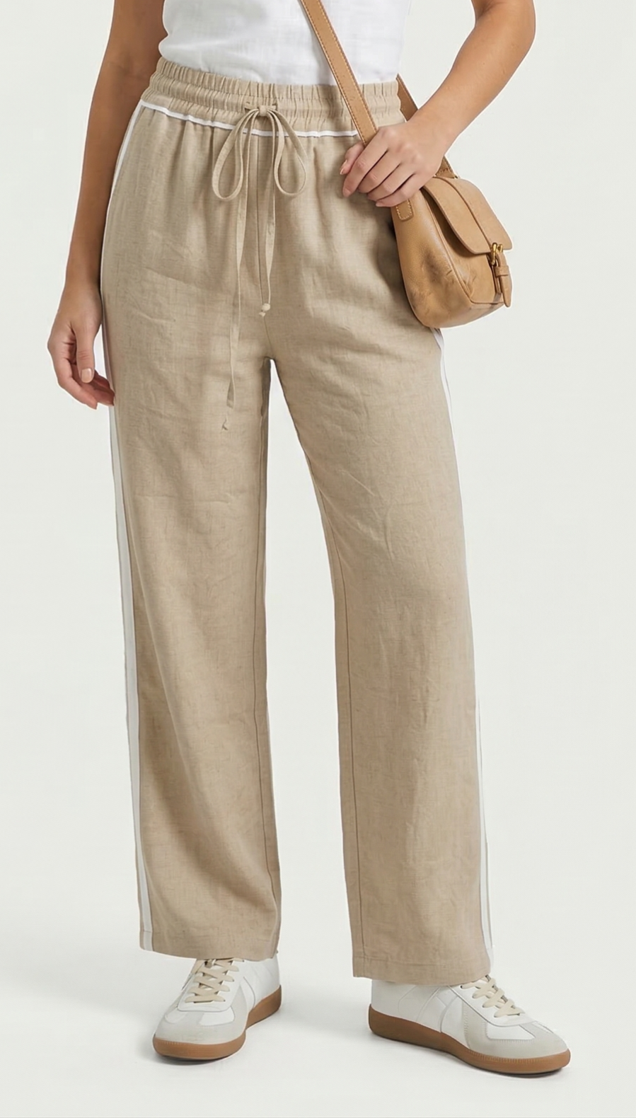 Дамски памучен панталон с ластична талия и връзки – бежов