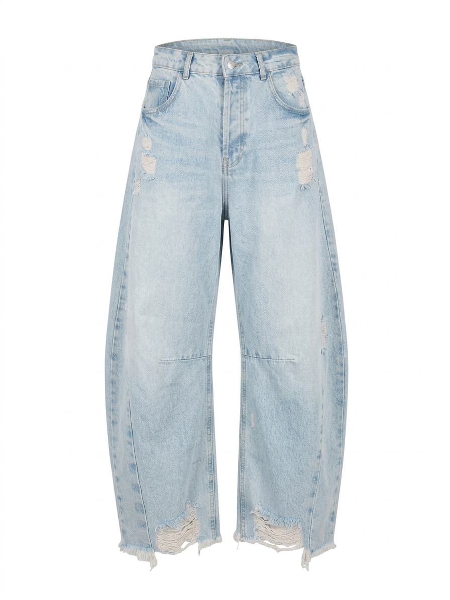 Дамски широки дънки с висока талия и накъсани детайли – светлосини
