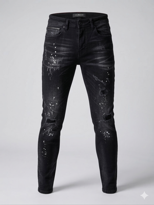 Мъжки черни вталени дънки (slim fit) с накъсвания