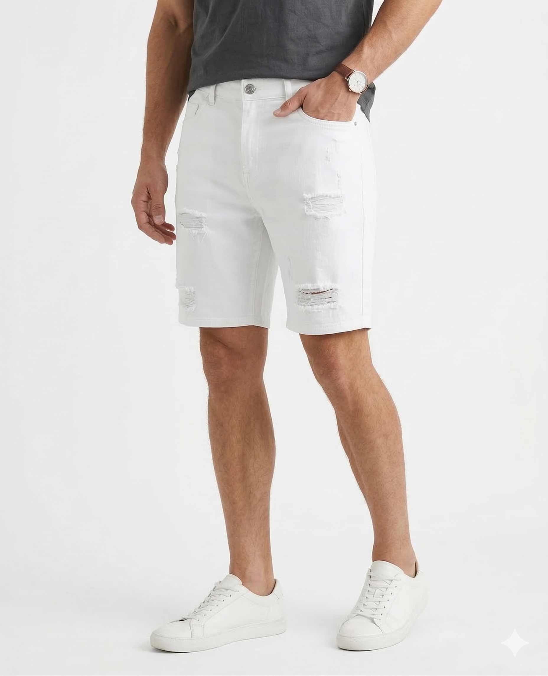 Мъжки бели къси дънки с накъсани детайли