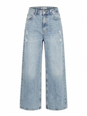 Дамски дънки с широк крачол и накъсани детайли – светлосини