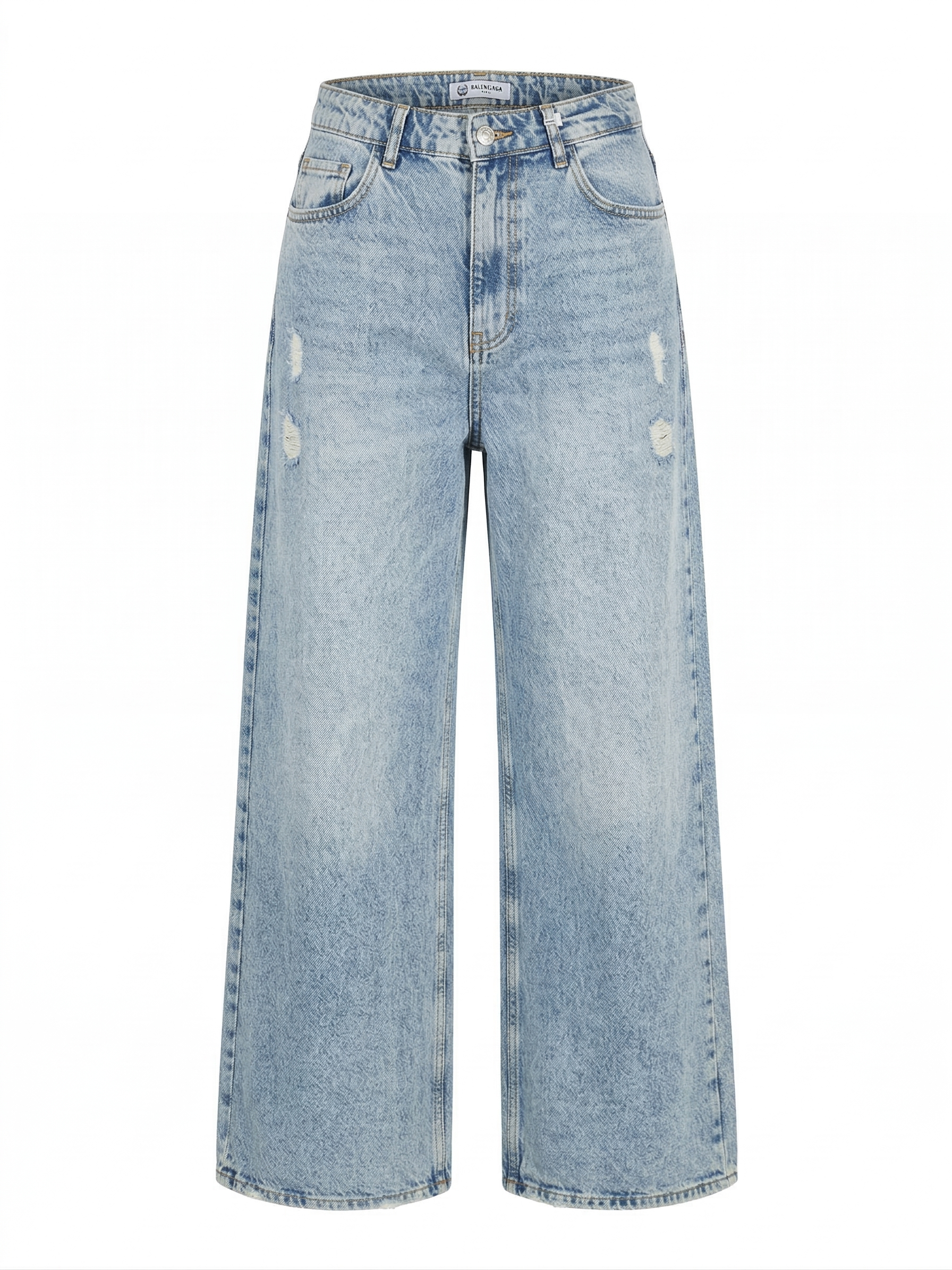 Дамски дънки с широк крачол и накъсани детайли – светлосини