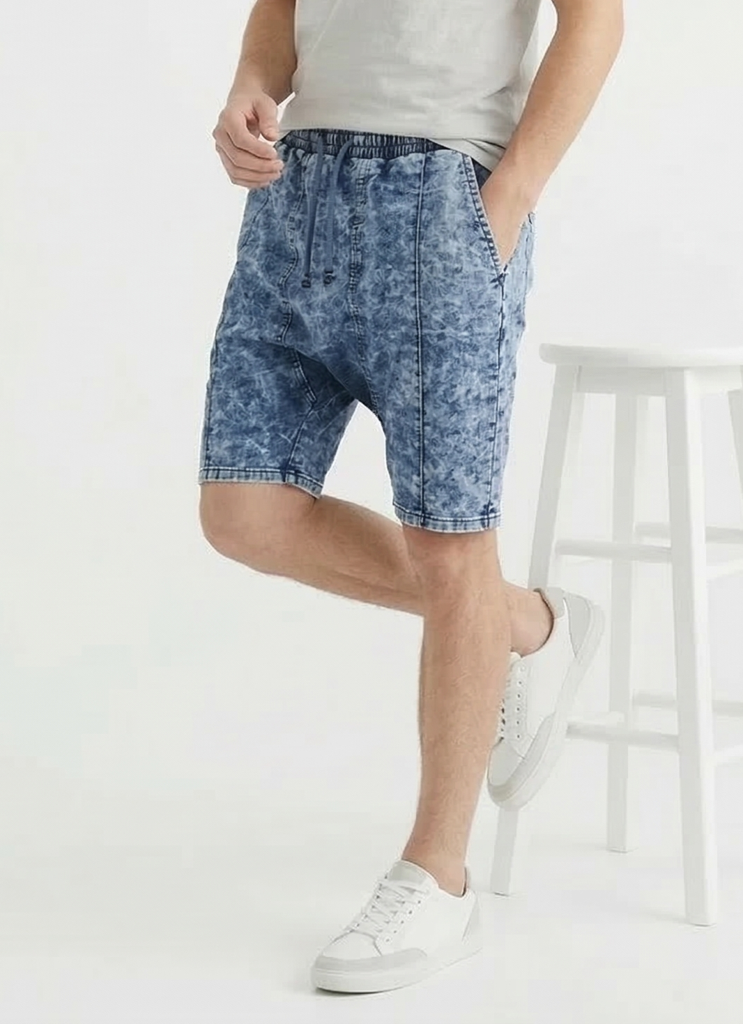Мъжки къси дънки с ластик и връзки – син деним