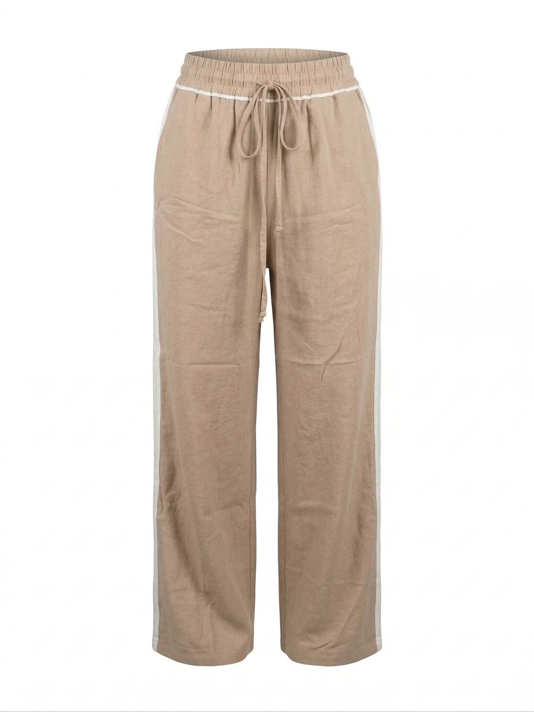 Дамски памучен панталон с ластична талия и връзки – бежов