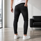Модерни черни мъжки вталени дънки с износен ефект - Longjeans1 lifestyle back