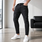 Модерни черни мъжки вталени дънки с износен ефект - Longjeans1 lifestyle front