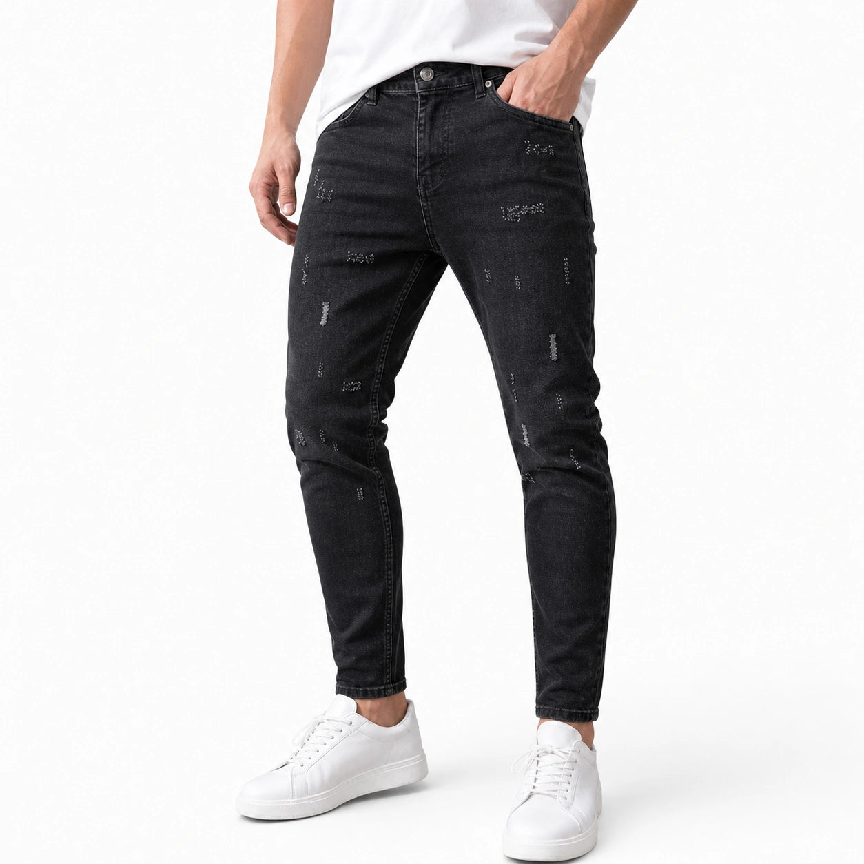 Модерни черни мъжки вталени дънки с износен ефект - Longjeans1 studio