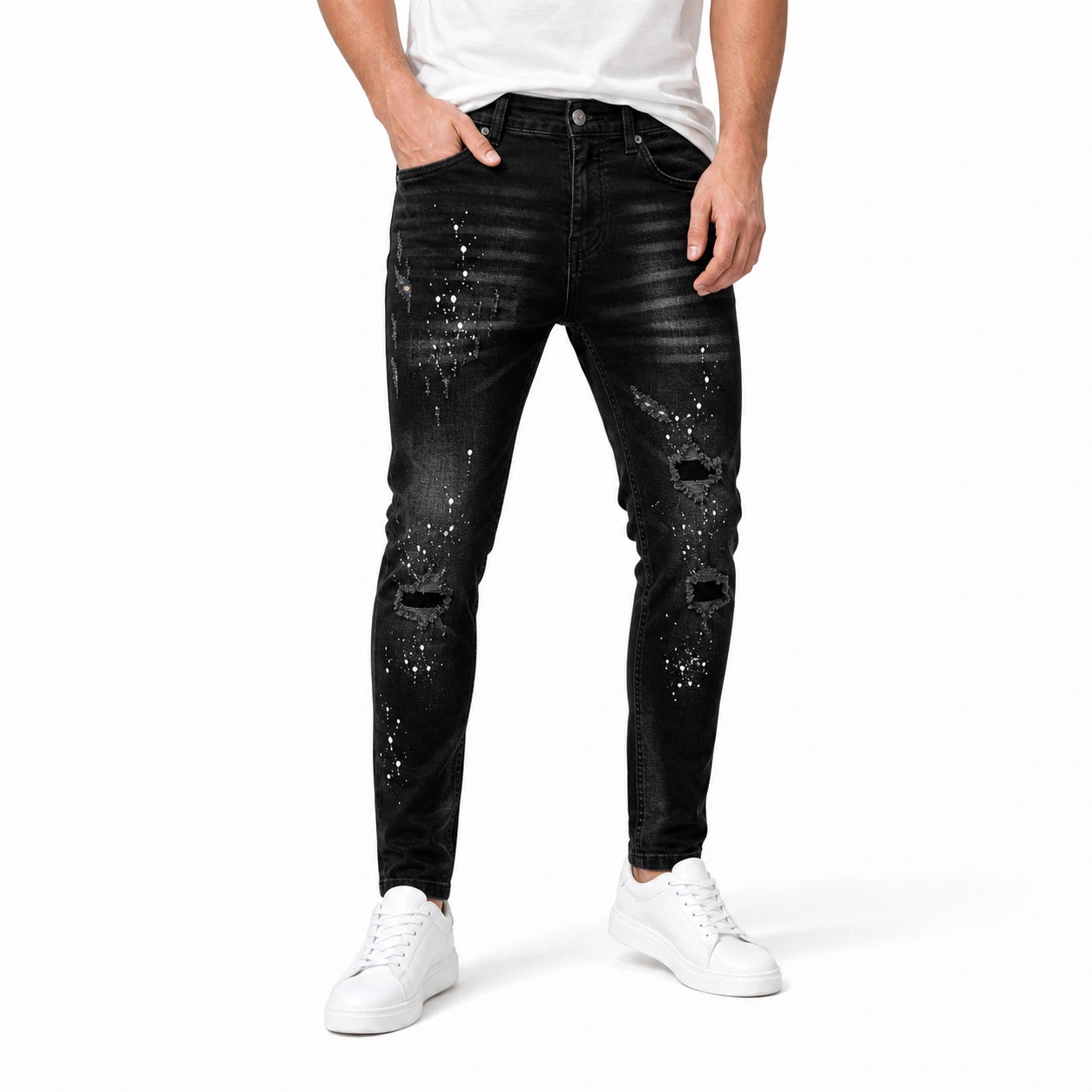 Модерни черни мъжки дънки със скъсан ефект и пръски - Longjeans3 studio