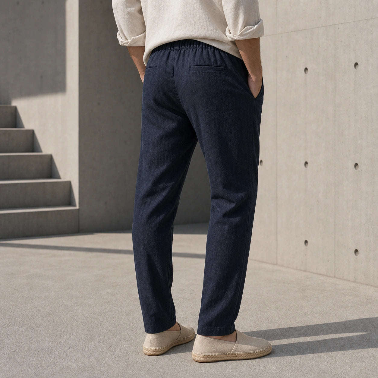 Стилни мъжки летни панталони с еластична талия - Pantalon1 darknavy lifestyle back