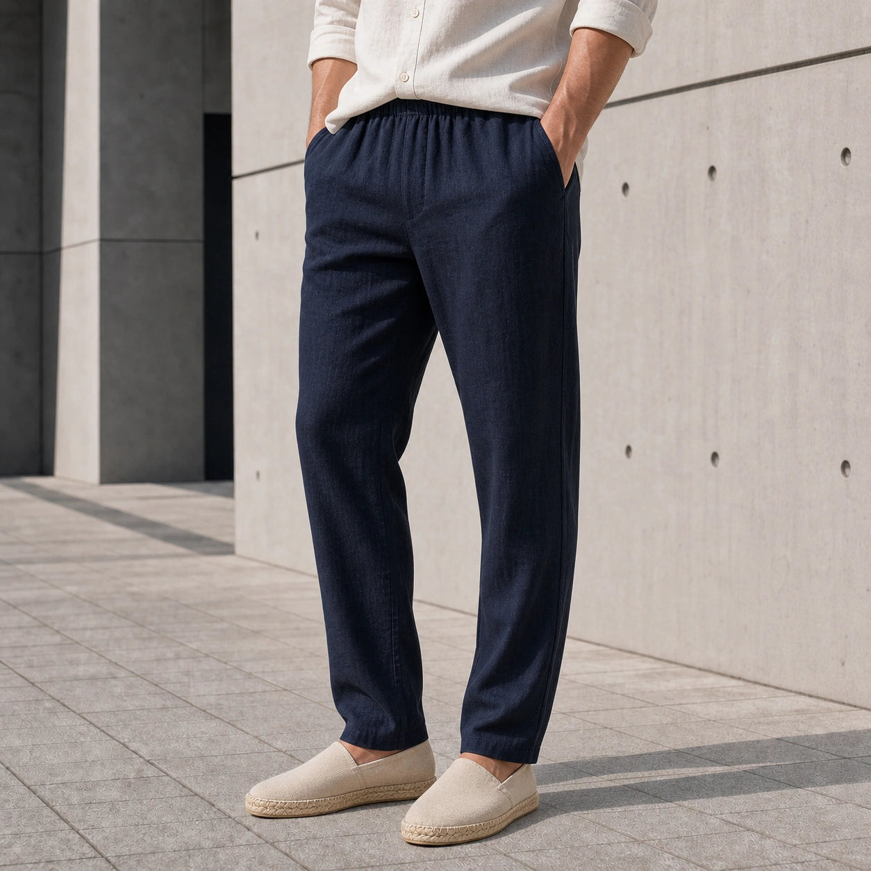 Стилни мъжки летни панталони с еластична талия - Pantalon1 darknavy lifestyle front