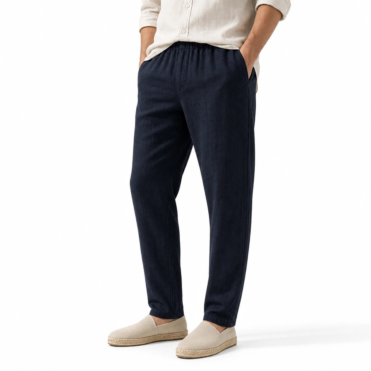 Стилни мъжки летни панталони с еластична талия - Pantalon1 darknavy studio front