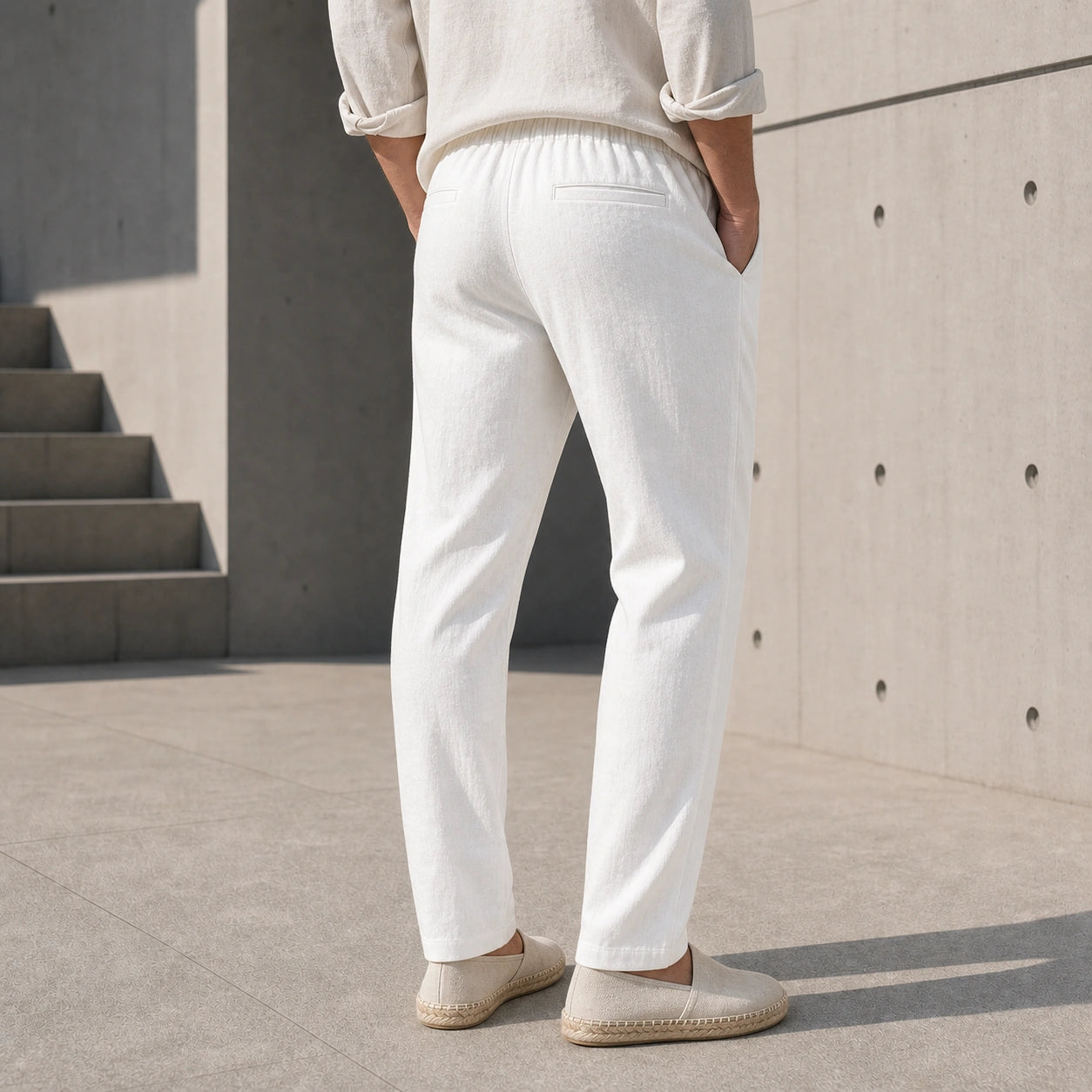 Стилни мъжки летни панталони с еластична талия - Pantalon1 white lifestyle back