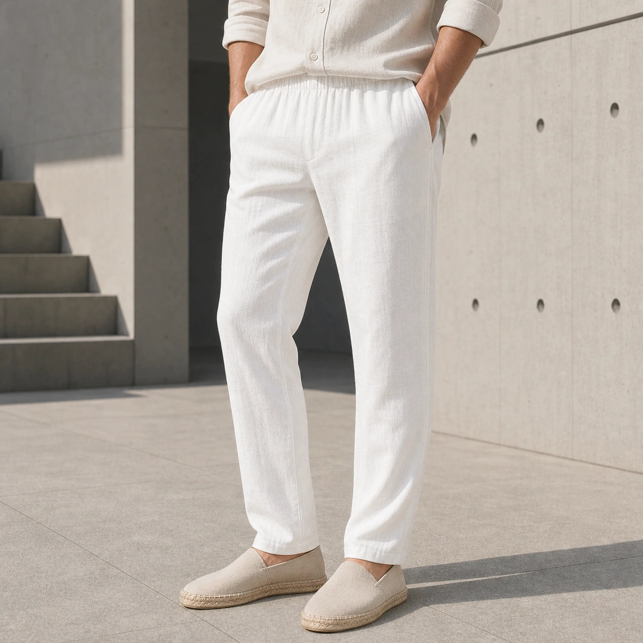 Стилни мъжки летни панталони с еластична талия - Pantalon1 white lifestyle front