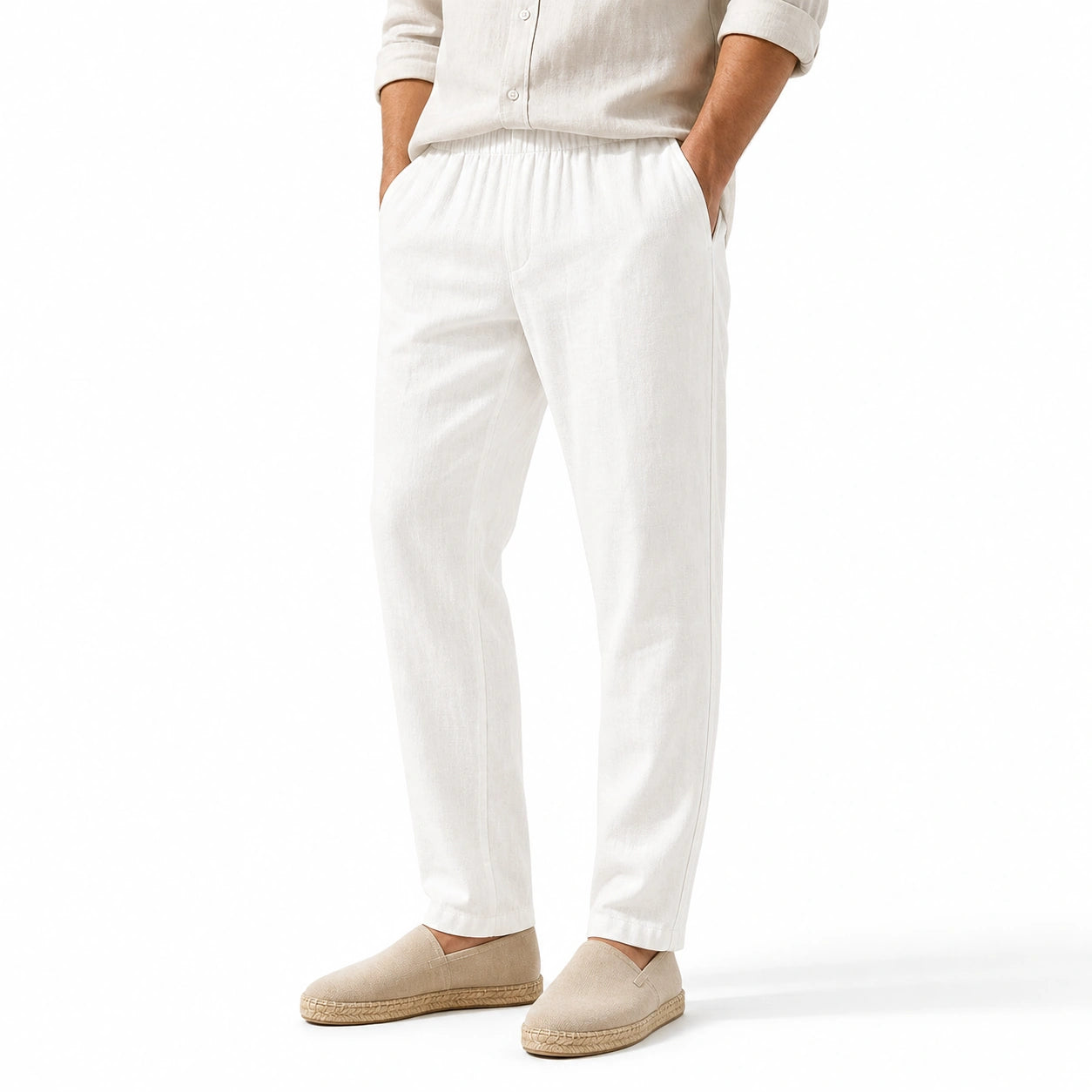 Стилни мъжки летни панталони с еластична талия - Pantalon1 white studio front
