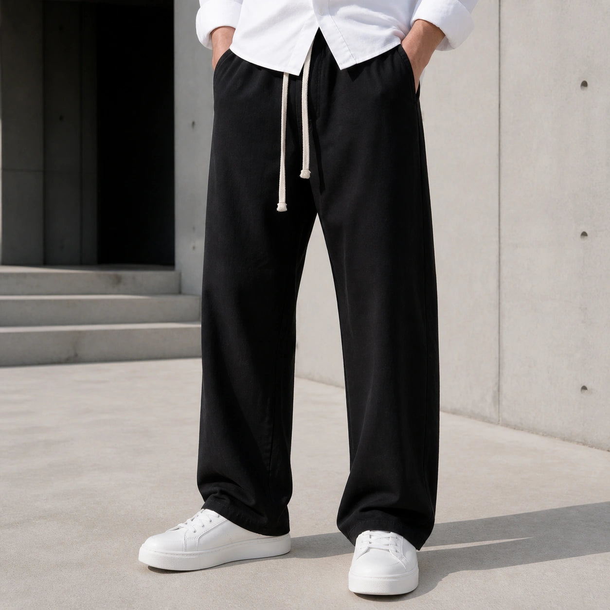 Стилни мъжки широки панталони с връзки - Pantalon2 black lifestyle front