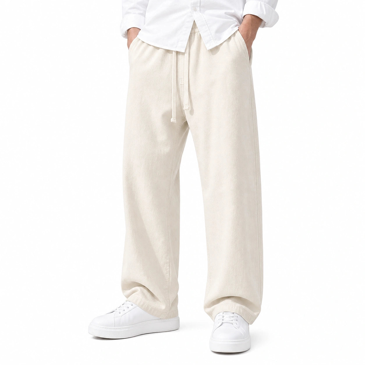 Стилни мъжки широки панталони с връзки - Pantalon2 ecru studio front