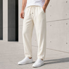 Стилни мъжки панталони с еластична талия и връзки - Pantalon3 ecru lifestyle front