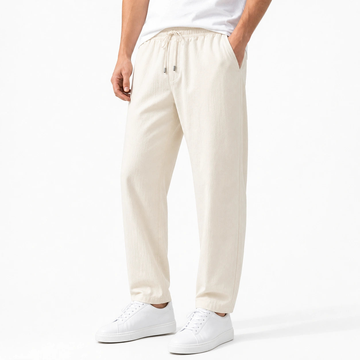 Стилни мъжки панталони с еластична талия и връзки - Pantalon3 ecru studio front